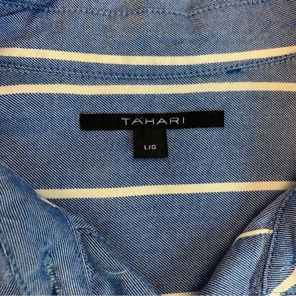 TAHARI blue white striped button down dress shirt Sz L - Picture 9 of 13